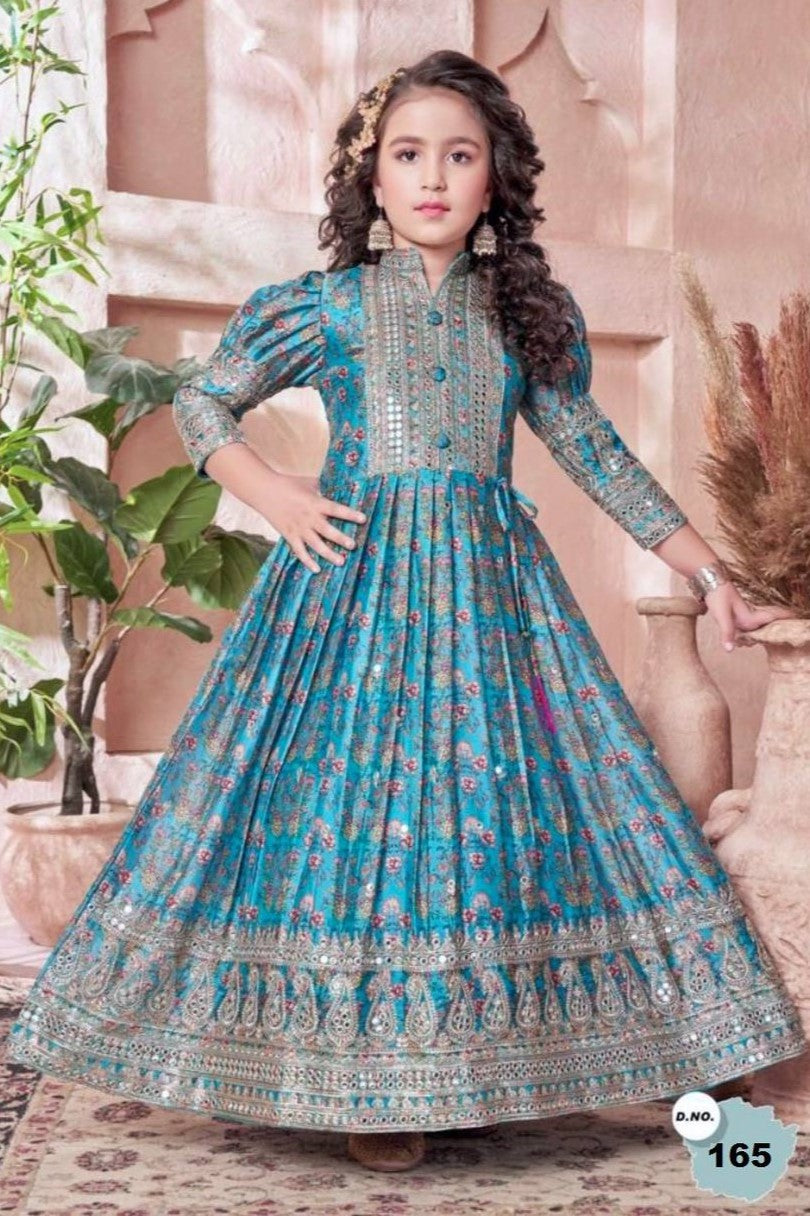 Teal Chinon Silk Kids Wear Girls Flower Printed Gown with Dupatta Suit for Kids for Festivals & Wedding - Sequence Embroidery Work, Print Work