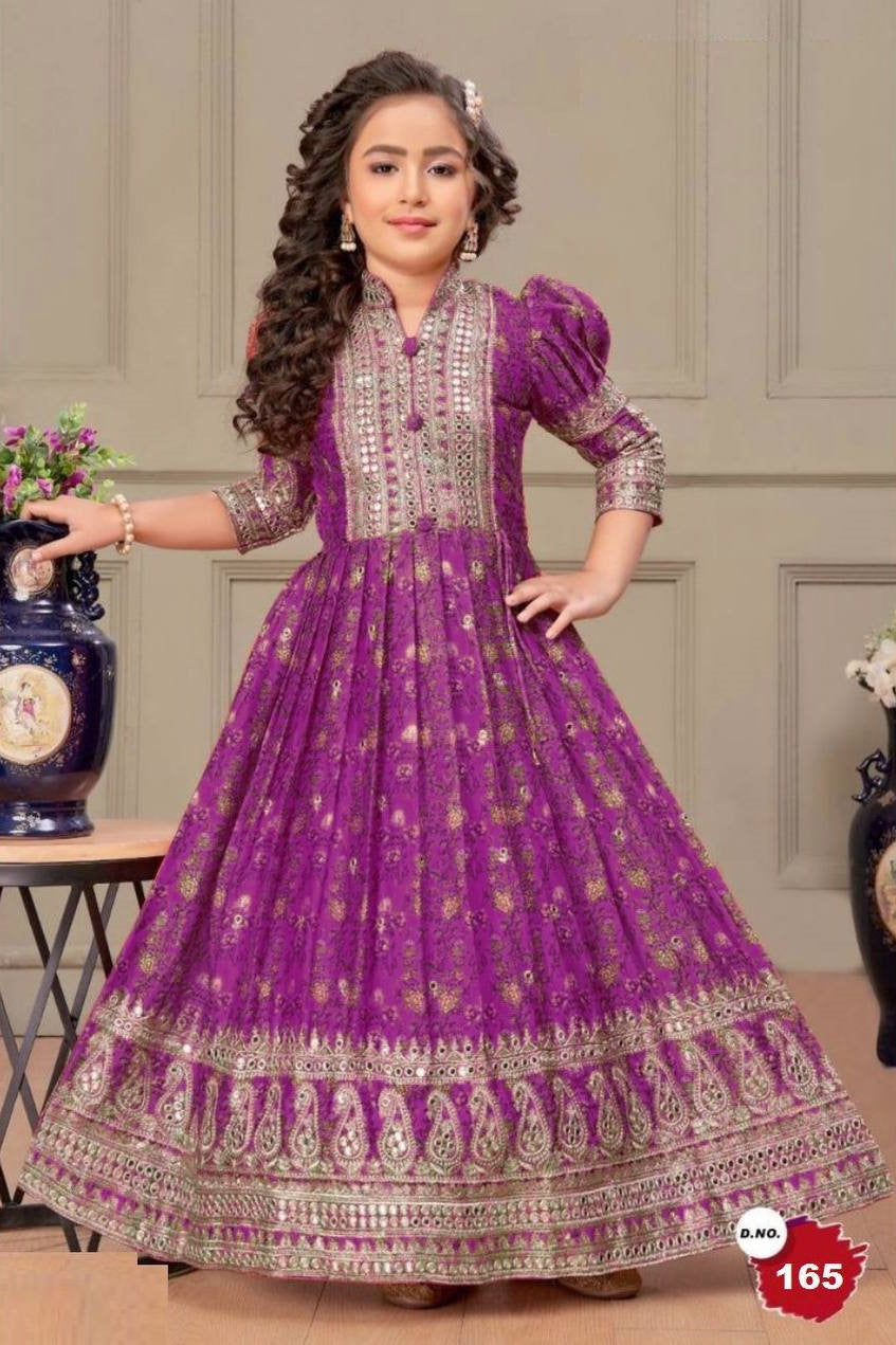 Purple Chinon Silk Kids Wear Girls Flower Printed Gown with Dupatta Suit for Kids for Festivals & Wedding - Sequence Embroidery Work, Print Work
