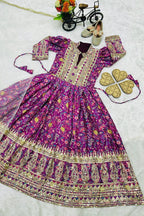 Purple Chinon Silk Kids Wear Girls Flower Printed Gown with Dupatta Suit for Kids for Festivals & Wedding - Sequence Embroidery Work, Print Work