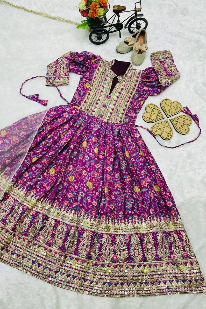 Purple Chinon Silk Kids Wear Girls Flower Printed Gown with Dupatta Suit for Kids for Festivals & Wedding - Sequence Embroidery Work, Print Work