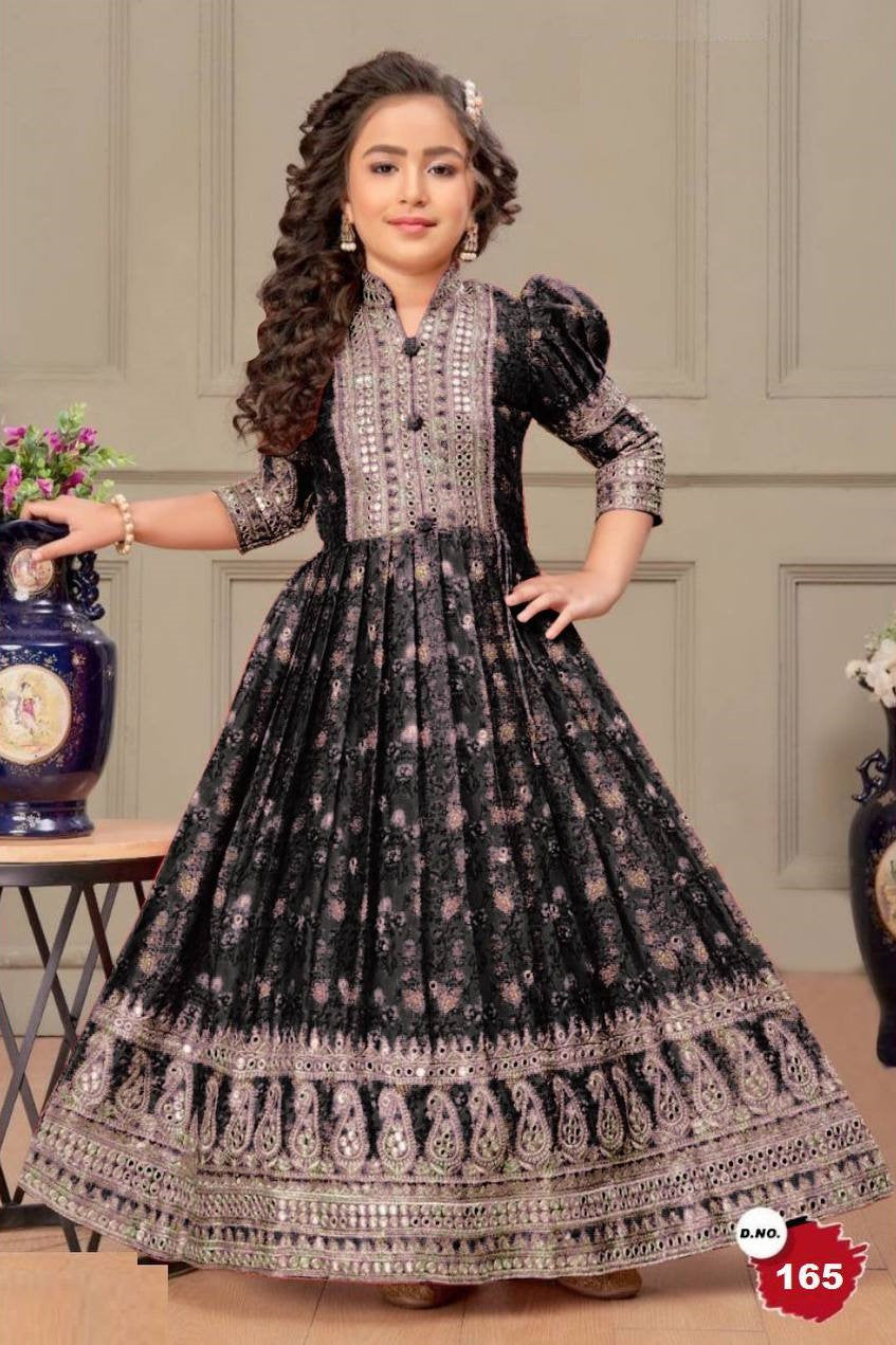 Black Chinon Silk Kids Wear Girls Flower Printed Gown with Dupatta Suit for Kids for Festivals & Wedding - Sequence Embroidery Work, Print Work