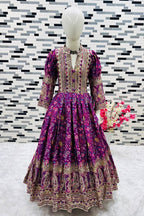 Purple Chinon Silk Kids Wear Girls Flower Printed Gown with Dupatta Suit for Kids for Festivals & Wedding - Sequence Embroidery Work, Print Work