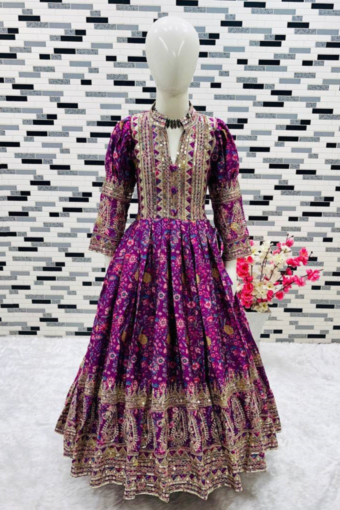 Purple Chinon Silk Kids Wear Girls Flower Printed Gown with Dupatta Suit for Kids for Festivals & Wedding - Sequence Embroidery Work, Print Work