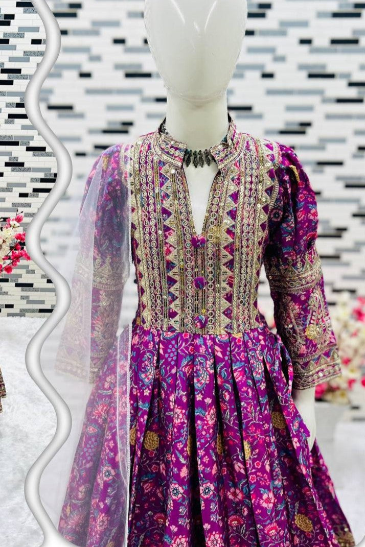 Purple Chinon Silk Kids Wear Girls Flower Printed Gown with Dupatta Suit for Kids for Festivals & Wedding - Sequence Embroidery Work, Print Work