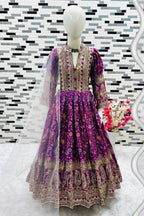 Purple Chinon Silk Kids Wear Girls Flower Printed Gown with Dupatta Suit for Kids for Festivals & Wedding - Sequence Embroidery Work, Print Work