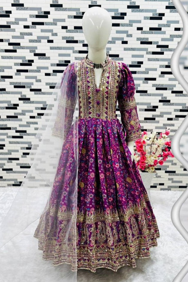 Purple Chinon Silk Kids Wear Girls Flower Printed Gown with Dupatta Suit for Kids for Festivals & Wedding - Sequence Embroidery Work, Print Work