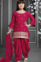 Pinkish Red Chinon Silk Kids Wear Girls Dhoti Style Salwar with Kameez & Dupatta Suit for Kids for Festivals & Wedding - Sequence Embroidery Work, Print Work