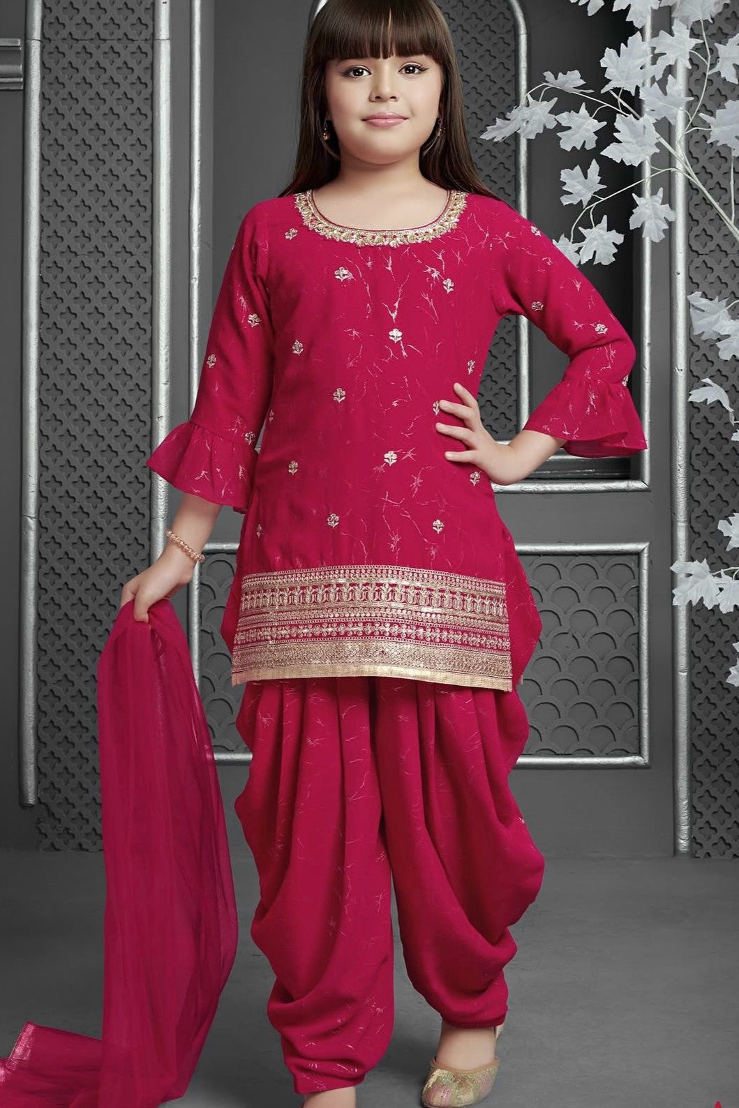 Pinkish Red Chinon Silk Kids Wear Girls Dhoti Style Salwar with Kameez & Dupatta Suit for Kids for Festivals & Wedding - Sequence Embroidery Work, Print Work