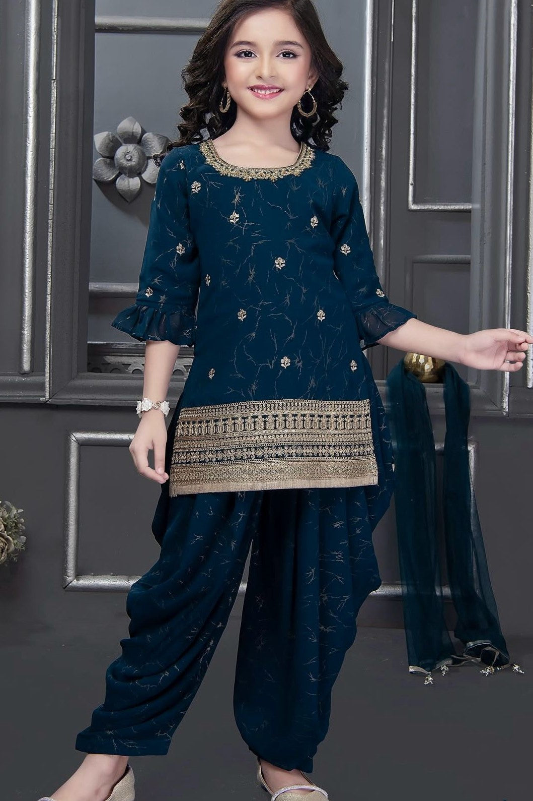 Teal Chinon Silk Kids Wear Girls Dhoti Style Salwar with Kameez & Dupatta Suit for Kids for Festivals & Wedding - Sequence Embroidery Work, Print Work