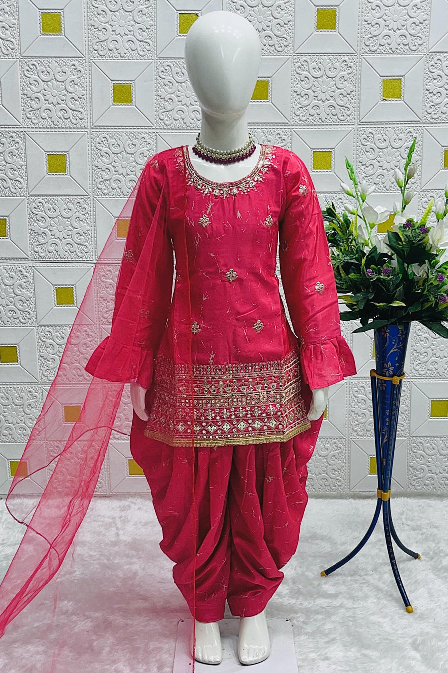 Pinkish Red Chinon Silk Kids Wear Girls Dhoti Style Salwar with Kameez & Dupatta Suit for Kids for Festivals & Wedding - Sequence Embroidery Work, Print Work