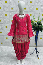 Pinkish Red Chinon Silk Kids Wear Girls Dhoti Style Salwar with Kameez & Dupatta Suit for Kids for Festivals & Wedding - Sequence Embroidery Work, Print Work