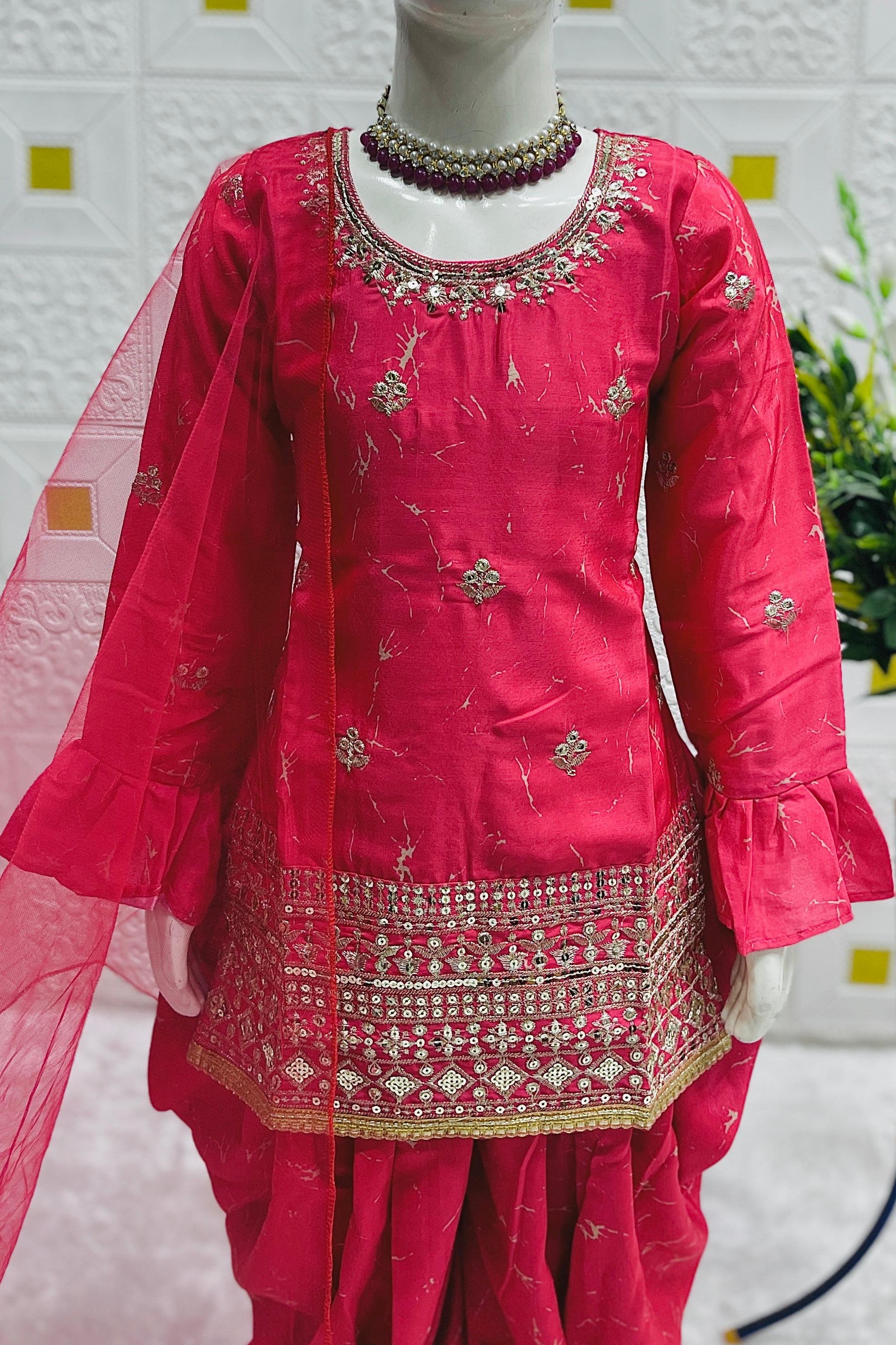Pinkish Red Chinon Silk Kids Wear Girls Dhoti Style Salwar with Kameez & Dupatta Suit for Kids for Festivals & Wedding - Sequence Embroidery Work, Print Work