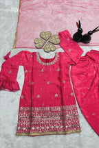 Pinkish Red Chinon Silk Kids Wear Girls Dhoti Style Salwar with Kameez & Dupatta Suit for Kids for Festivals & Wedding - Sequence Embroidery Work, Print Work