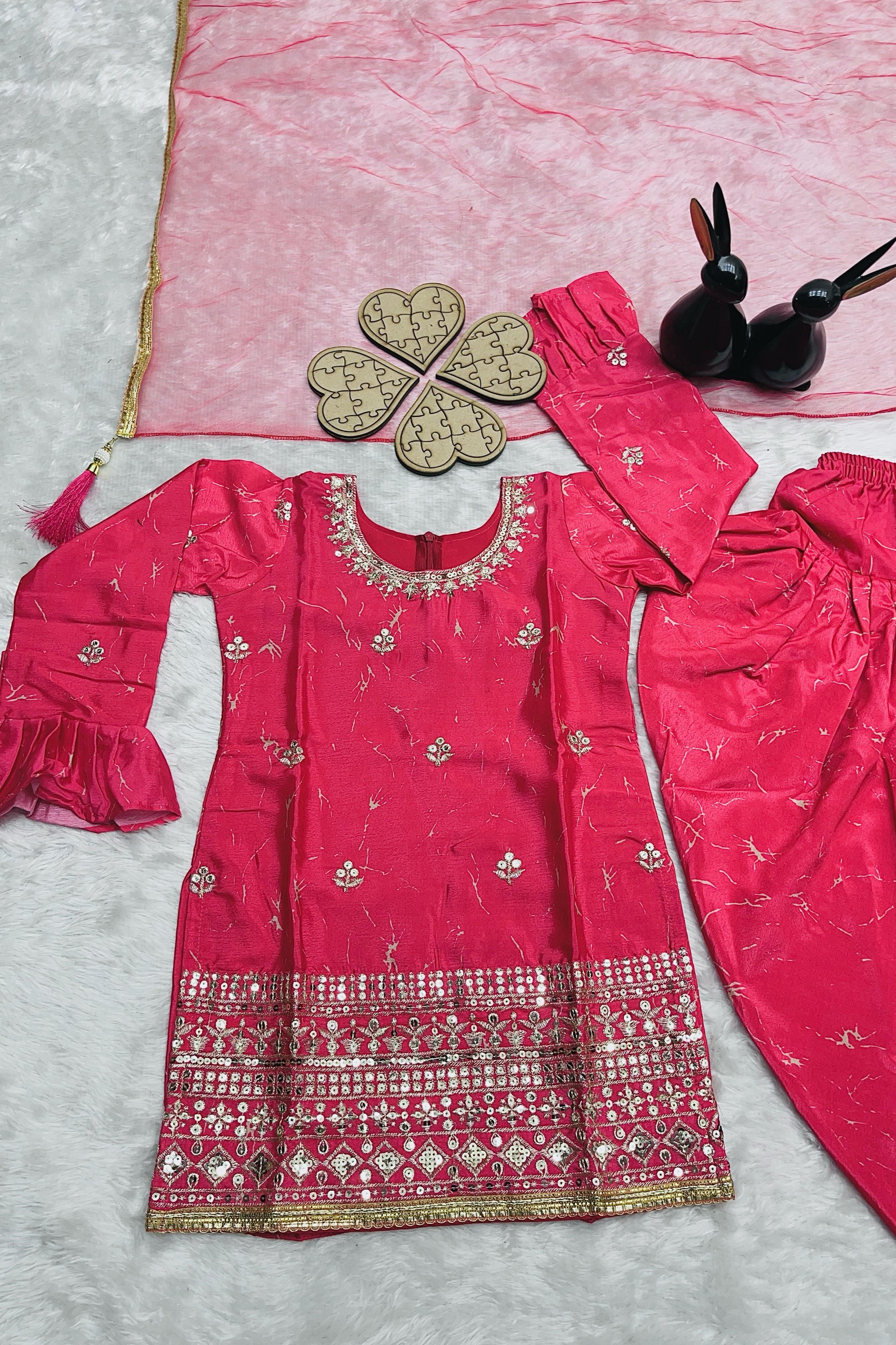 Pinkish Red Chinon Silk Kids Wear Girls Dhoti Style Salwar with Kameez & Dupatta Suit for Kids for Festivals & Wedding - Sequence Embroidery Work, Print Work