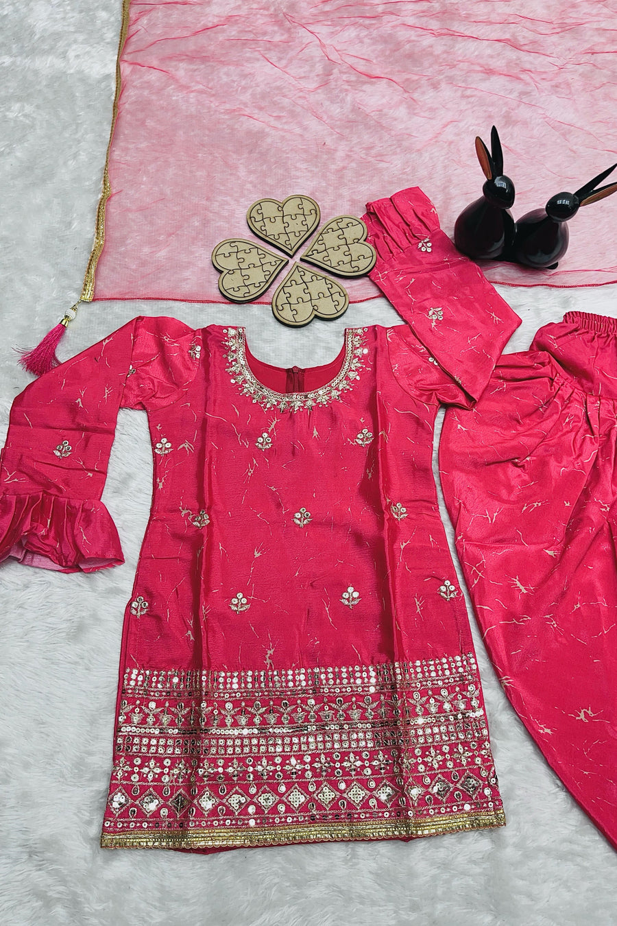 Pinkish Red Chinon Silk Kids Wear Girls Dhoti Style Salwar with Kameez & Dupatta Suit for Kids for Festivals & Wedding - Sequence Embroidery Work, Print Work