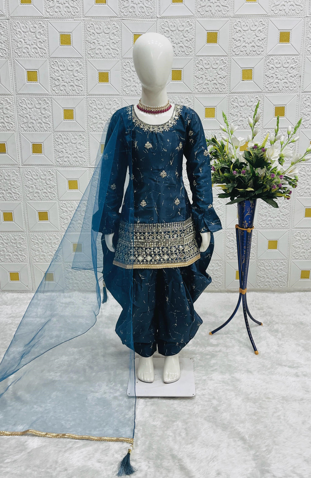 Teal Chinon Silk Kids Wear Girls Dhoti Style Salwar with Kameez & Dupatta Suit for Kids for Festivals & Wedding - Sequence Embroidery Work, Print Work