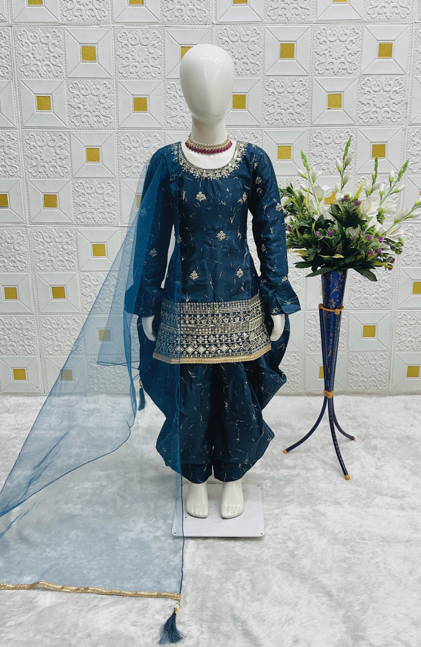 Teal Chinon Silk Kids Wear Girls Dhoti Style Salwar with Kameez & Dupatta Suit for Kids for Festivals & Wedding - Sequence Embroidery Work, Print Work