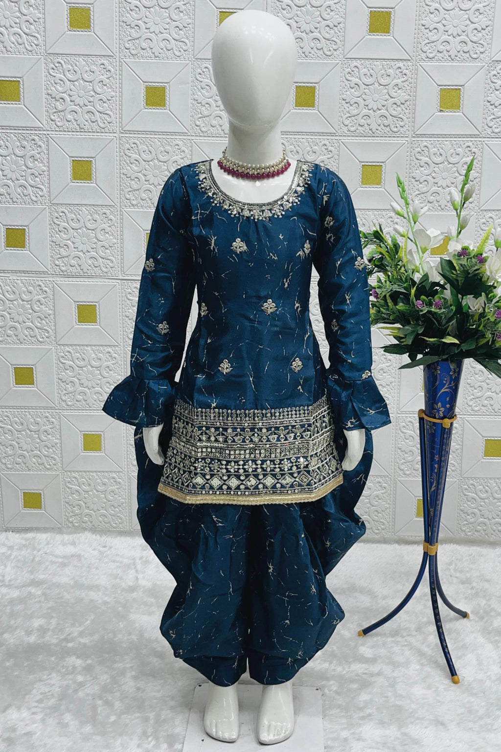 Teal Chinon Silk Kids Wear Girls Dhoti Style Salwar with Kameez & Dupatta Suit for Kids for Festivals & Wedding - Sequence Embroidery Work, Print Work