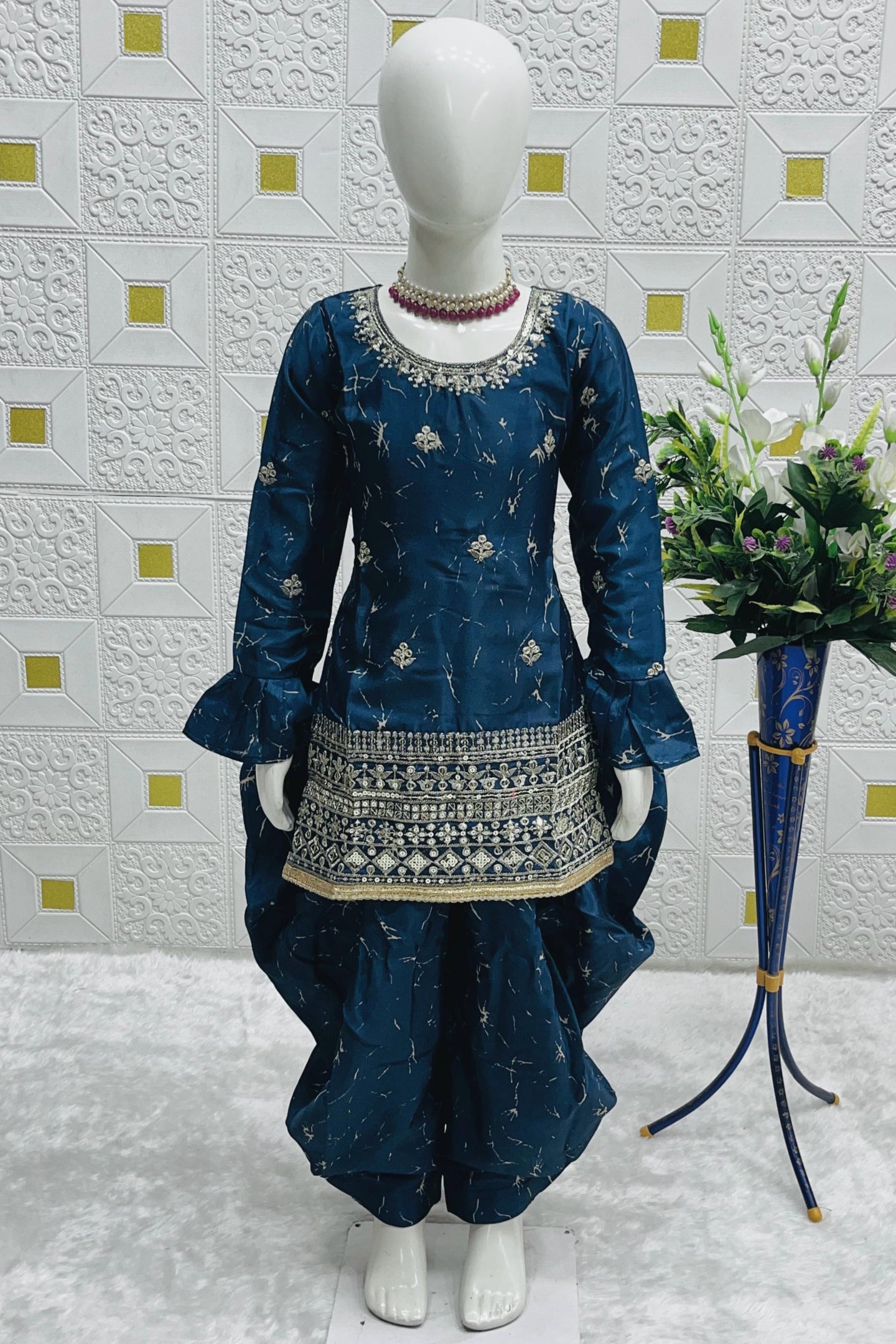 Teal Chinon Silk Kids Wear Girls Dhoti Style Salwar with Kameez & Dupatta Suit for Kids for Festivals & Wedding - Sequence Embroidery Work, Print Work