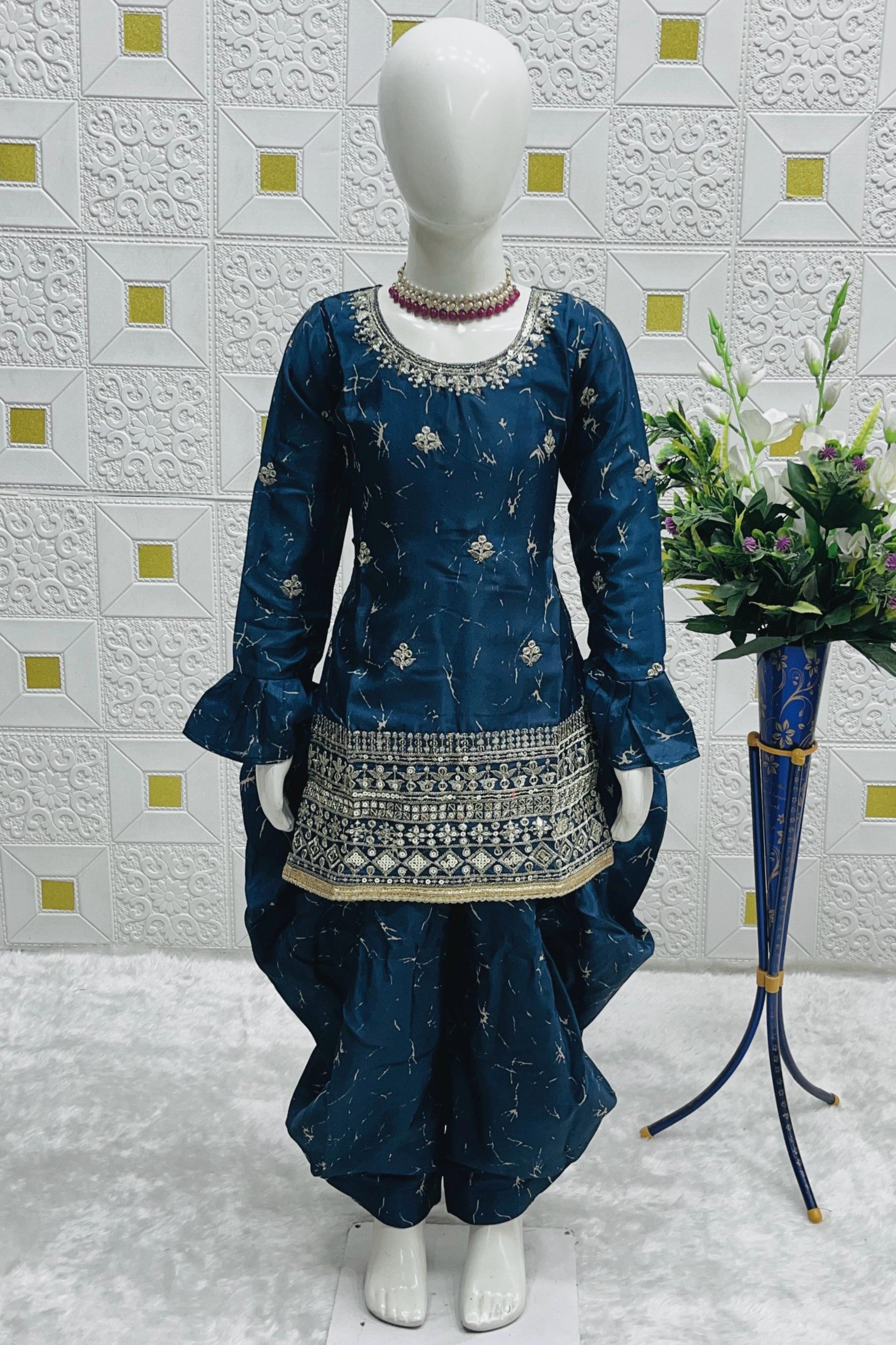 Teal Chinon Silk Kids Wear Girls Dhoti Style Salwar with Kameez & Dupatta Suit for Kids for Festivals & Wedding - Sequence Embroidery Work, Print Work