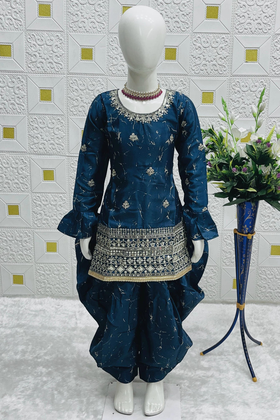 Teal Chinon Silk Kids Wear Girls Dhoti Style Salwar with Kameez & Dupatta Suit for Kids for Festivals & Wedding - Sequence Embroidery Work, Print Work