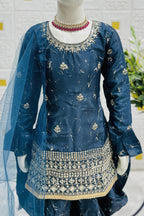 Teal Chinon Silk Kids Wear Girls Dhoti Style Salwar with Kameez & Dupatta Suit for Kids for Festivals & Wedding - Sequence Embroidery Work, Print Work