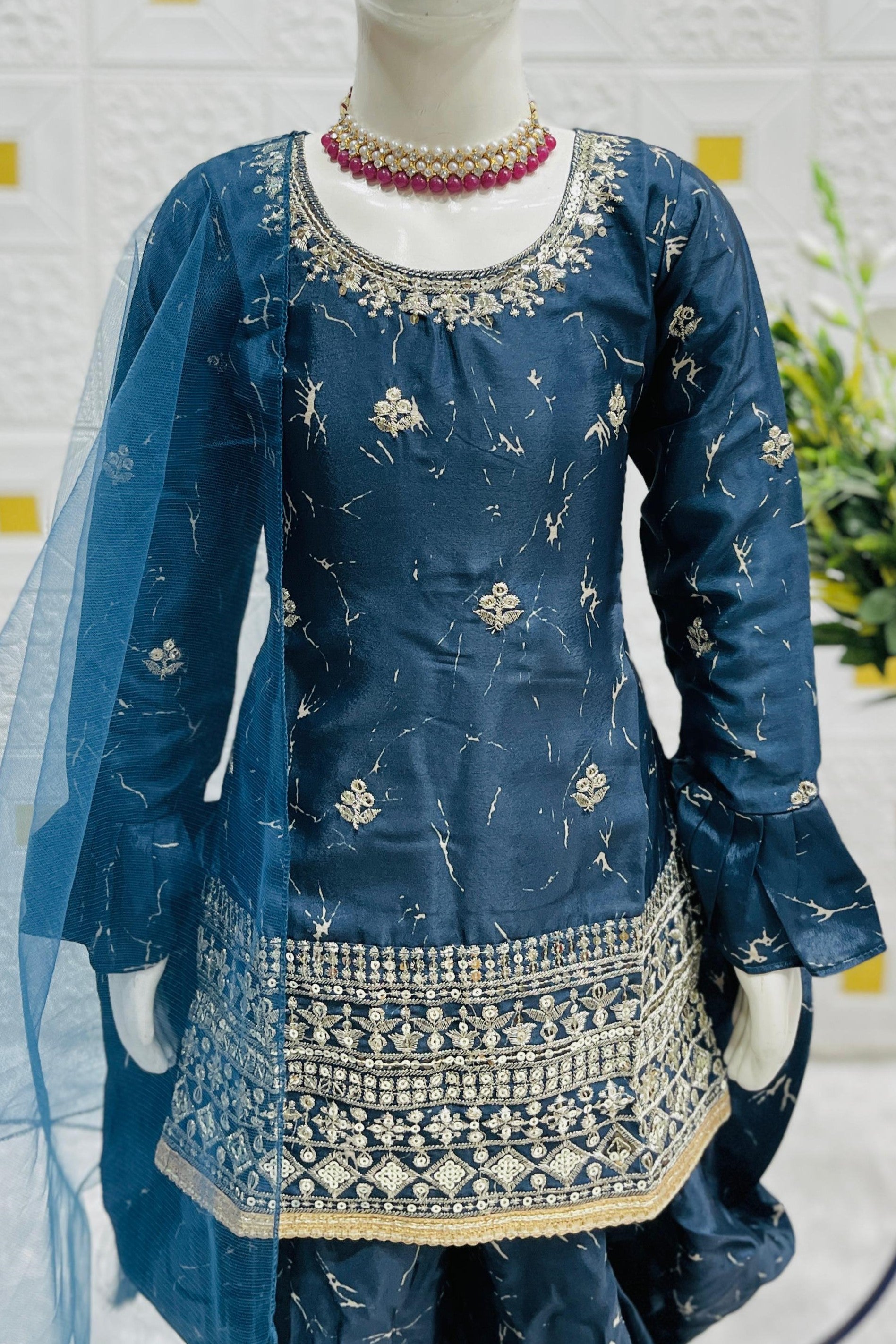 Teal Chinon Silk Kids Wear Girls Dhoti Style Salwar with Kameez & Dupatta Suit for Kids for Festivals & Wedding - Sequence Embroidery Work, Print Work