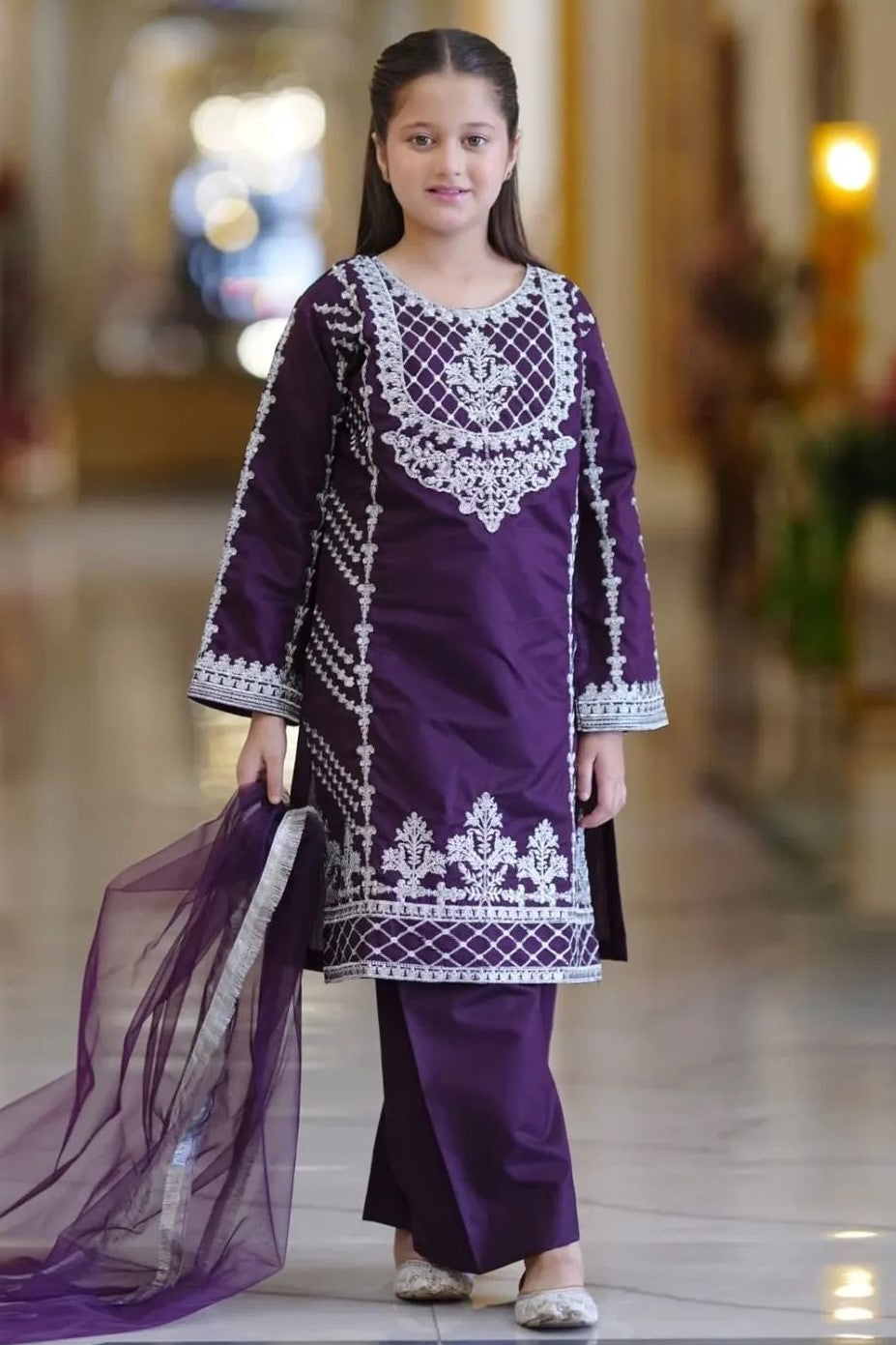 Purple Crepe Silk Kids Wear Girls Kameez with Pant & Dupatta Suit for Kids for Festivals & Wedding - Thread & Sequence Embroidery Work