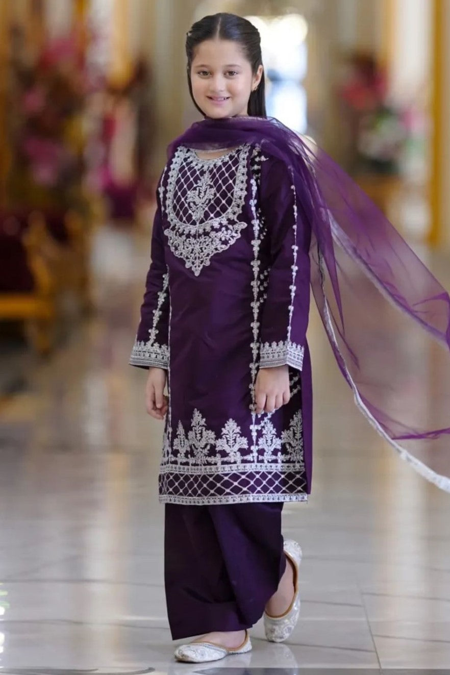 Purple Crepe Silk Kids Wear Girls Kameez with Pant & Dupatta Suit for Kids for Festivals & Wedding - Thread & Sequence Embroidery Work