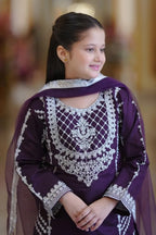 Purple Crepe Silk Kids Wear Girls Kameez with Pant & Dupatta Suit for Kids for Festivals & Wedding - Thread & Sequence Embroidery Work
