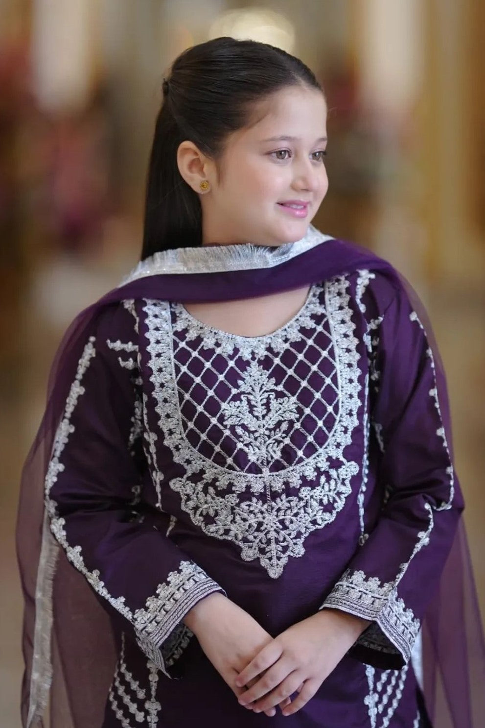Purple Crepe Silk Kids Wear Girls Kameez with Pant & Dupatta Suit for Kids for Festivals & Wedding - Thread & Sequence Embroidery Work
