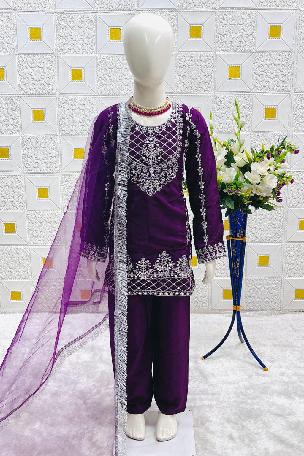 Purple Crepe Silk Kids Wear Girls Kameez with Pant & Dupatta Suit for Kids for Festivals & Wedding - Thread & Sequence Embroidery Work