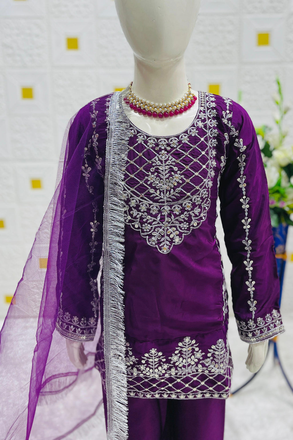 Purple Crepe Silk Kids Wear Girls Kameez with Pant & Dupatta Suit for Kids for Festivals & Wedding - Thread & Sequence Embroidery Work