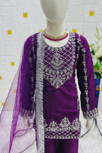 Purple Crepe Silk Kids Wear Girls Kameez with Pant & Dupatta Suit for Kids for Festivals & Wedding - Thread & Sequence Embroidery Work