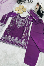 Purple Crepe Silk Kids Wear Girls Kameez with Pant & Dupatta Suit for Kids for Festivals & Wedding - Thread & Sequence Embroidery Work