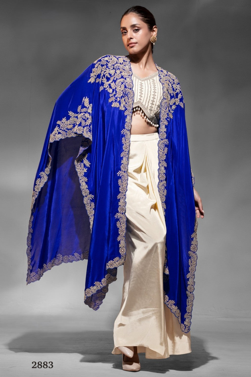 Blue Crepe Blouse With Skirt & Shrug For Indian & Pakistani Wedding Festival - Dori Work, Embroidery Work