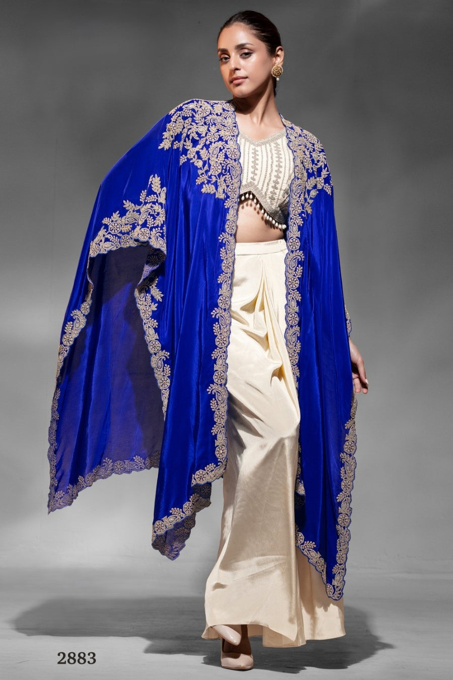 Blue Crepe Blouse With Skirt & Shrug For Indian & Pakistani Wedding Festival - Dori Work, Embroidery Work