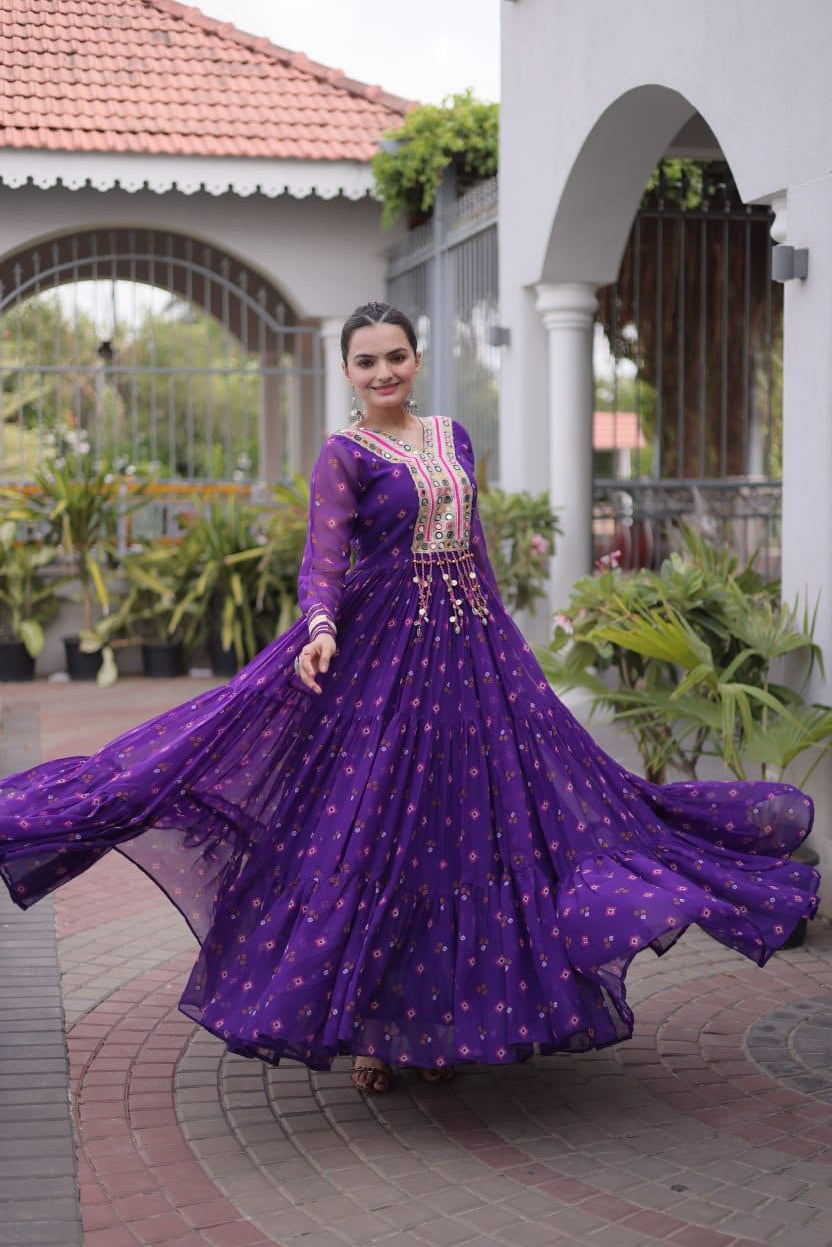 Blue One Piece Garba Outfit with Laheriya Print & Kutchi Patchwork