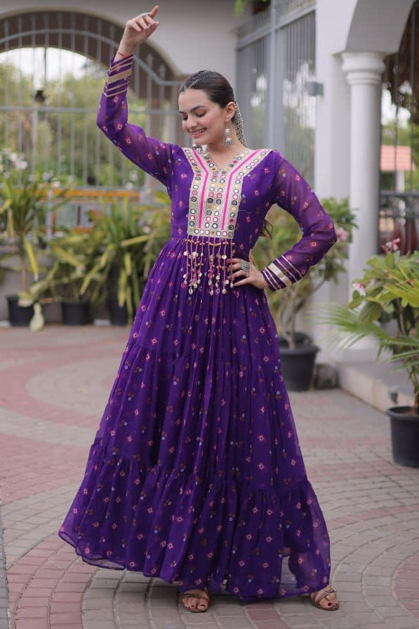 Blue One Piece Garba Outfit with Laheriya Print & Kutchi Patchwork