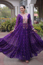 Blue One Piece Garba Outfit with Laheriya Print & Kutchi Patchwork
