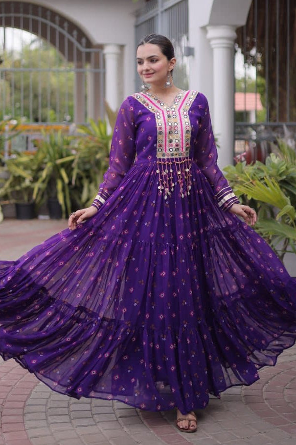 Blue One Piece Garba Outfit with Laheriya Print & Kutchi Patchwork