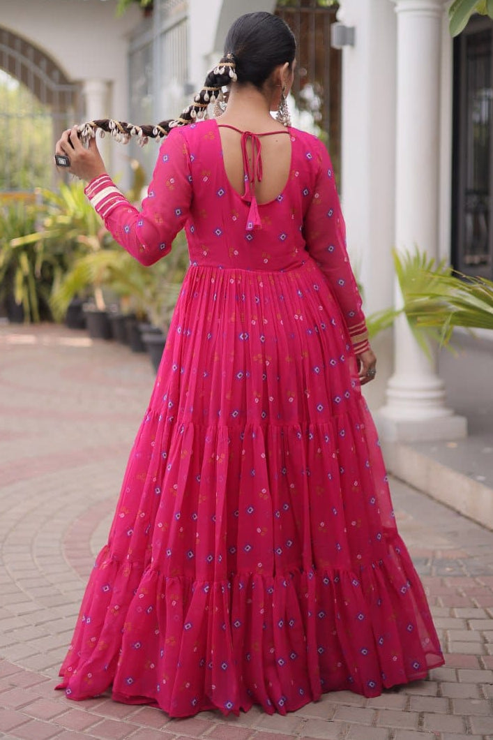 Pink One Piece Garba Outfit - Laheriya Print Gown with Kutchi Patchwork