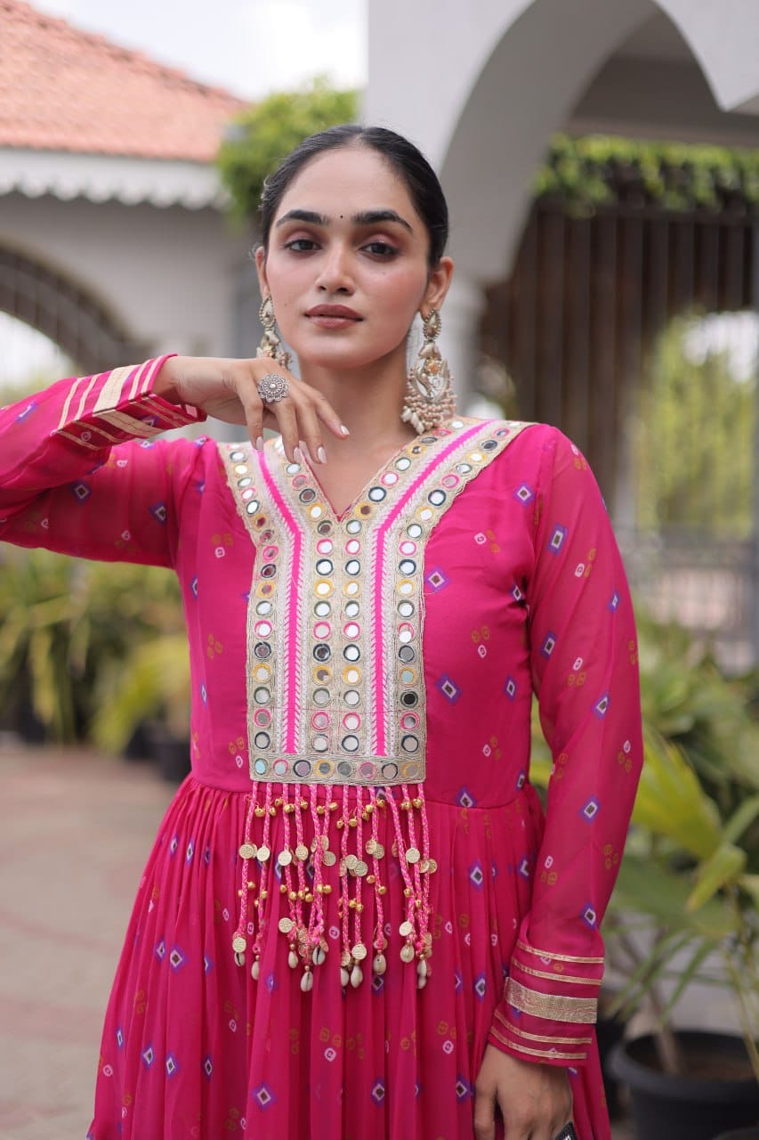Pink One Piece Garba Outfit - Laheriya Print Gown with Kutchi Patchwork