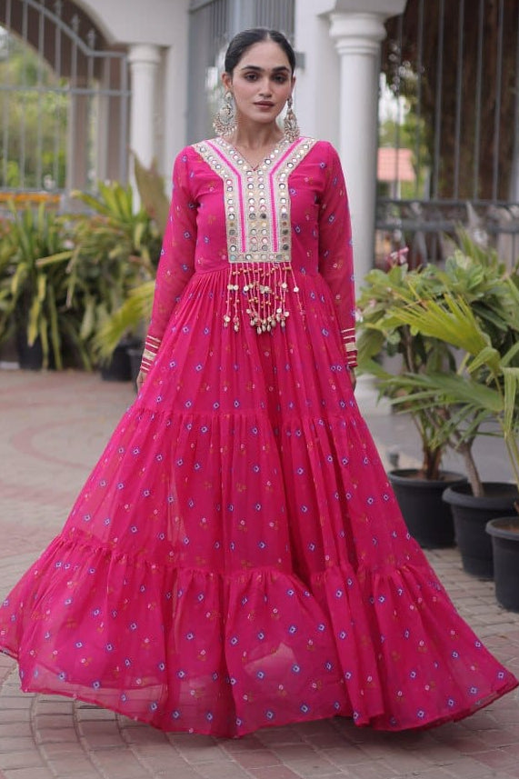 Pink One Piece Garba Outfit - Laheriya Print Gown with Kutchi Patchwork