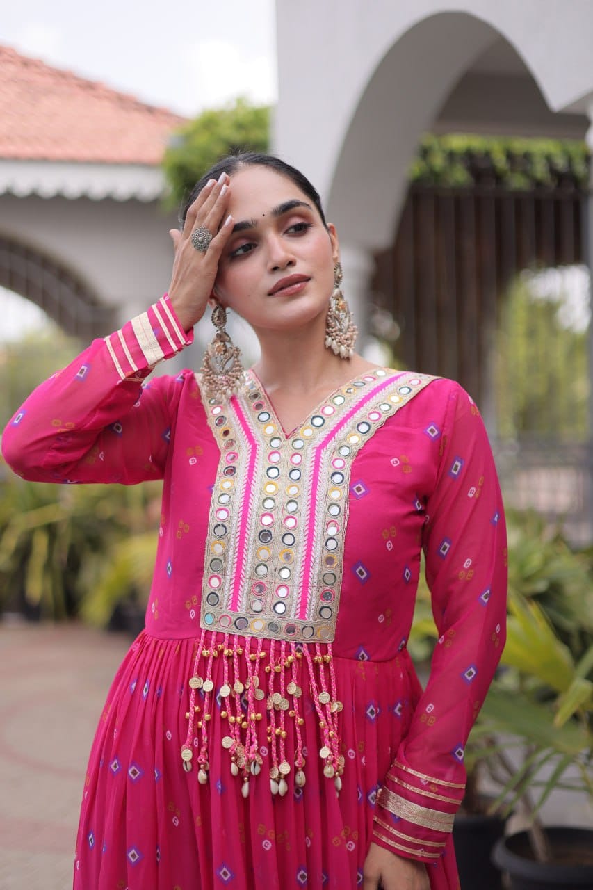 Pink One Piece Garba Outfit - Laheriya Print Gown with Kutchi Patchwork