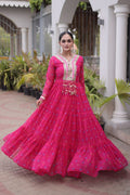 Pink One Piece Garba Outfit - Laheriya Print Gown with Kutchi Patchwork