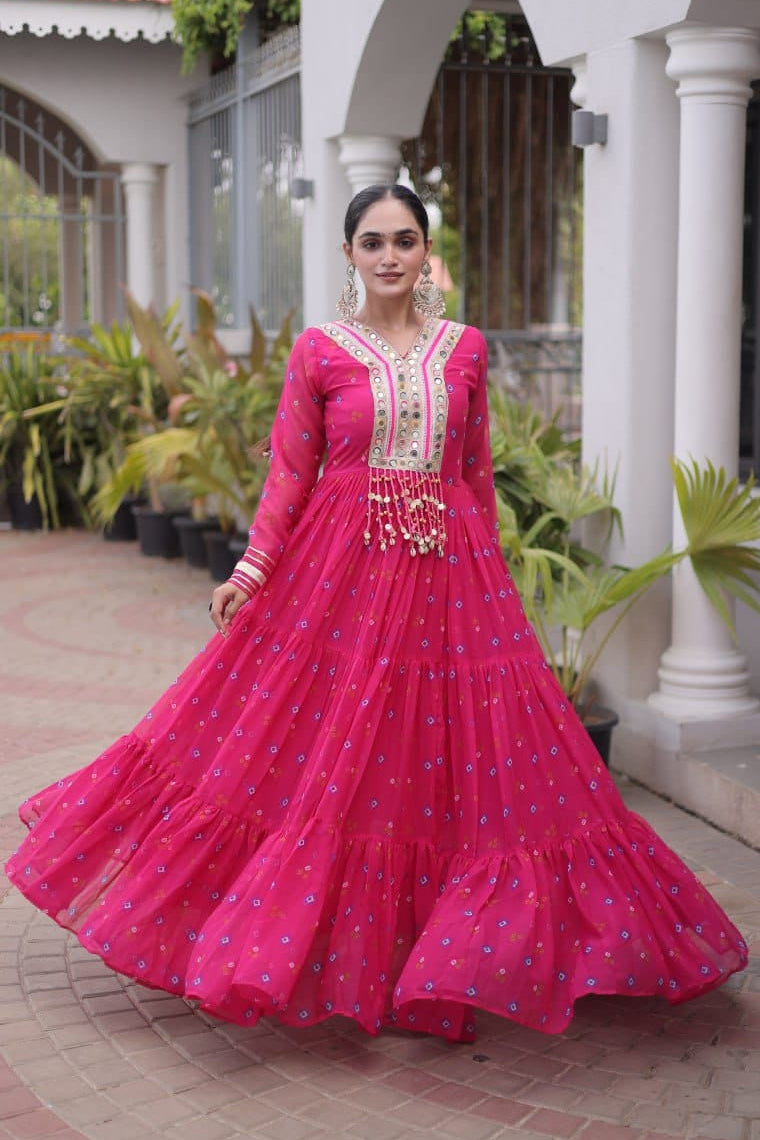 Pink One Piece Garba Outfit - Laheriya Print Gown with Kutchi Patchwork