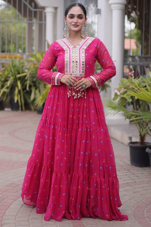 Pink One Piece Garba Outfit - Laheriya Print Gown with Kutchi Patchwork