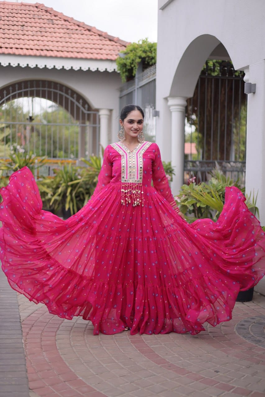 Pink One Piece Garba Outfit - Laheriya Print Gown with Kutchi Patchwork
