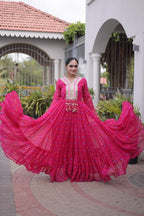 Pink One Piece Garba Outfit - Laheriya Print Gown with Kutchi Patchwork